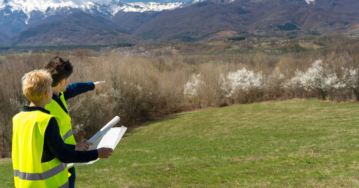 Engineers studying land for environmental compliance.